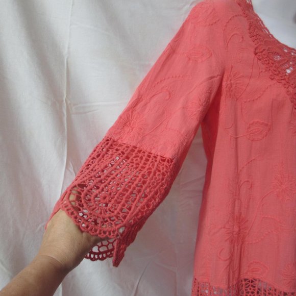 Tunic Top Blouse Size L LARGE XCVI Coral Gauzy Cotton Crochet Hem Embroidered - Picture 4 of 8